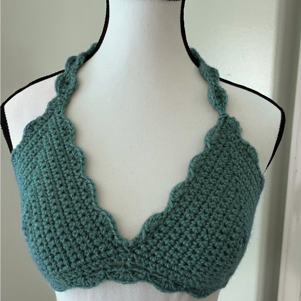 Handmade Crochet halter crop top bralette bra small blue green 34B